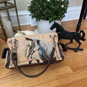 Embroidered Horse Design Tan and Brown Women's Bag